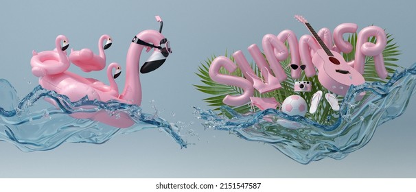 Summer Season Concept Blue Background. Flamingo Inflatable Toy In Scuba Diving Goggles And Guitar, Bikini, Sandals, Film Camera, Sunglasses, Palm Tree Jump Splashing Water. 3d Rendering Illustration.