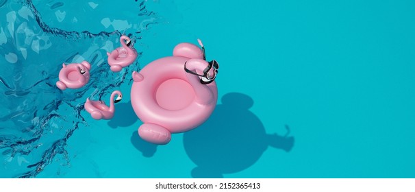 Summer Season Concept Blue Background. Flamingo Inflatable Toy In Scuba Diving Goggles And Baby Jump Splashing Water. 3d Rendering Illustration.