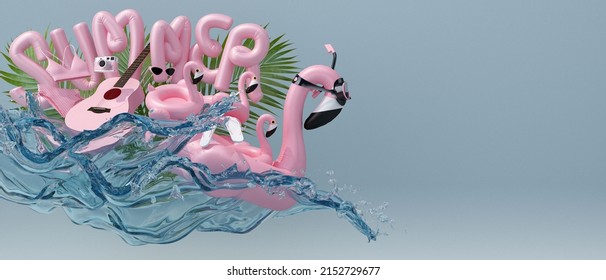 Summer Season Concept Blue Background. Flamingo Inflatable Toy In Scuba Diving Goggles And Guitar, Bikini, Sandals, Film Camera,  Sunglasses, Palm Tree, And Baby Jump Splashing Water. 3d Rendering