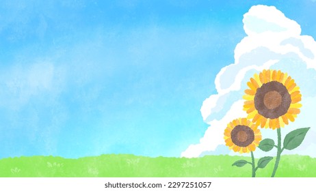 Summer sky background with sunflowers blooming in the meadow and thunderheads floating Simple and cute hand-painted watercolor illustration - Powered by Shutterstock