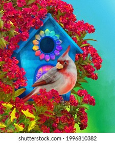 Summer, Spring Bright Sunny Background, A Cardinal Bird Sits On A Branch Of A Blossoming Mahogany Tree, Birdhouse, Large Brush Strokes, Oil.