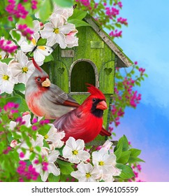 Summer, spring colorful bright background, a bird sits on a branch of a blossoming tree, pink, red, white flowers, birdhouse, sunny day, 3D rendering