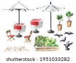 Summer street cafe elements. Table, umbrelle and chairs set. Watercolor hand drawn illustration, isolated on white background