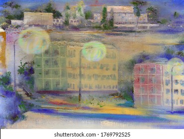 Summer Street In The Novosibirsk Akademgorodok, With Trento Lanterns. Artwork.