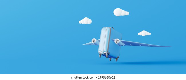 Summer suitcase with wings will take off. Creative minimal travel concept idea on blue background 3D Render 3D illustration
