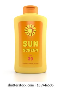 Summer, Sun Tanning And Sunscreen Concept. Bottle Container Of Sun Cream Isolated On White Glossy Background.