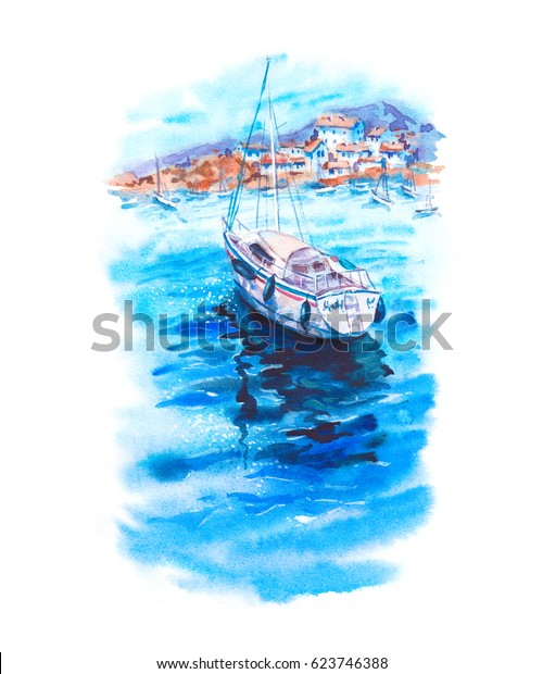 白い背景に夏の水彩の風景と青い海 ボート ヨット 青い空と白い海岸の都市 明るい海洋手描きのイラスト のイラスト素材
