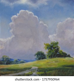 Summer Sunny Landscape With Green Fields, Blue Sky And Clouds. Painting, Oil On Canvas.