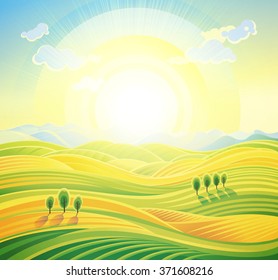 起伏の多い丘や野原を持つ夏の日の出の田園風景 のイラスト素材