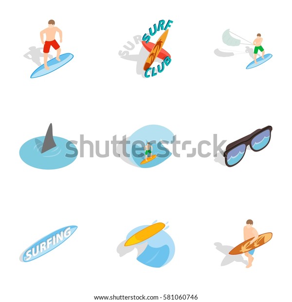 Summer surfing elements\
icons set. Isometric 3d illustration of 9 summer surfing elements \
icons for web