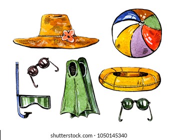 Summer Swimming Accessories. Hat, Flippers, Snorkle, Ball, Ring And Glasses. Hand Drawn Watercolor Set On White Background