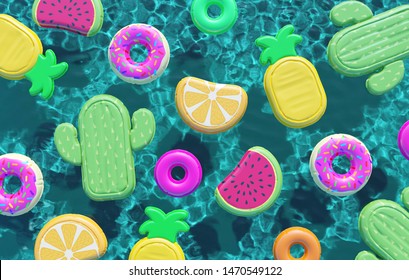 Summer Swimming Pool Full Of Fun Pool Floats. Overhead View. 3D Rendering