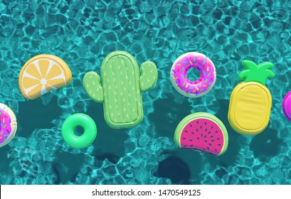 Summer Swimming Pool Full Of Fun Pool Floats. Overhead View. 3D Rendering