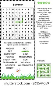 Summer Themed Zigzag Word Search Puzzle (suitable Both For Kids And Adults). Answer Included.
