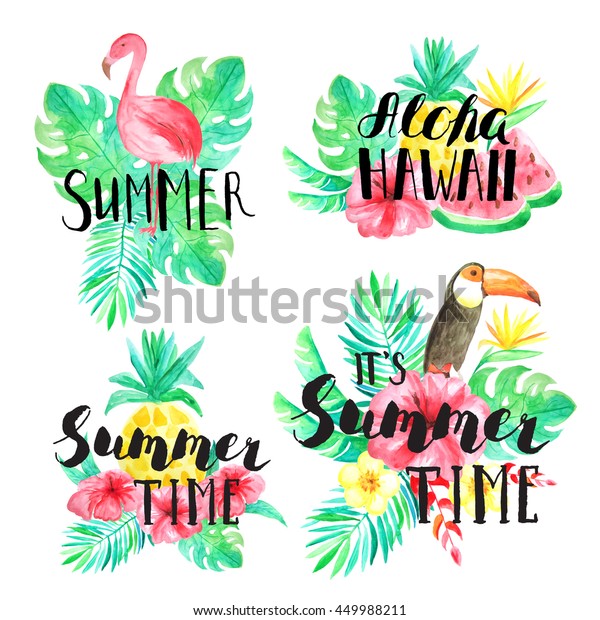 夏 夏 アロハハワイの手書きです 水彩画の手描きの熱帯の花 葉 果実 鳥の組成で タイポグラフィを使用します のイラスト素材
