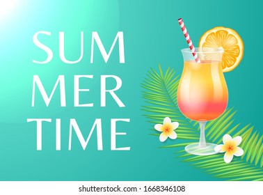 Summer time beach party theme banner, raster placard sample. Cocktail in tumbler with straw and orange slice decor, exotic flowers on palm leaves - Powered by Shutterstock