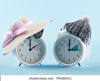 Summer Time And Winter Time Clock. Changing Time. 3d Rendering