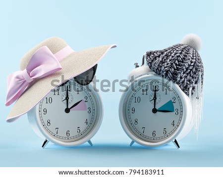 summer time and winter time clock. changing time. 3d rendering