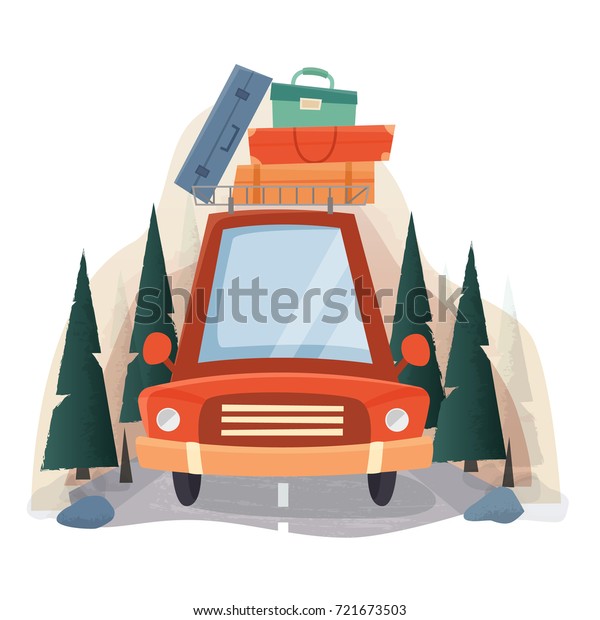 Summer travel car with suitcases, road and\
forest trees. Flat design\
illustration.