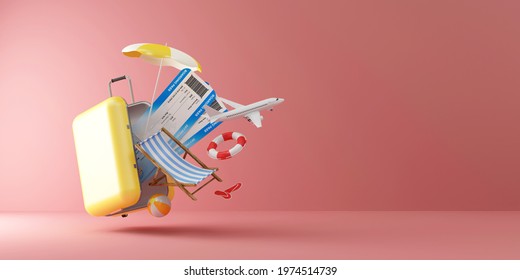 Summer and travel Concept. Suitcase with Different Accessories for Vacation with Boarding Pass and Airplane on pink studio background. 3d Rendering