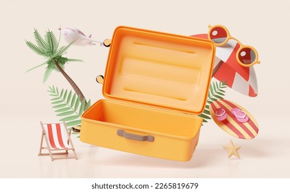 summer travel with open empty suitcase, beach chair, sunglasses, surfboard, umbrella, coconut tree isolated on orange background. concept, 3d illustration render, clipping path