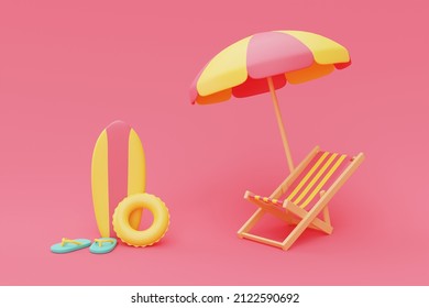 Summer And Travel Vacation Concept With Beach Chair And Umbrella, Summer Elements On Pink Background.3d Rendering.