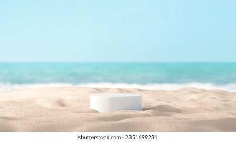 Summer tropical background, Podium on sand beach on sea background, Mock up for the exhibitions, Presentation of products, 3d render. - Powered by Shutterstock