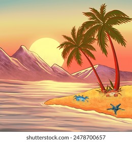 Summer tropical beach background with palms, sky sunrise and sunset. Summer vacation background cartoon concept.Summer square promotional travel wallpaper, flyer or web banner design. - Powered by Shutterstock