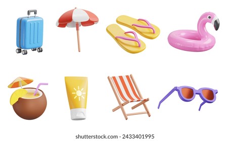 Summer Vacation, 3d icon set. Travel, vacation on the beach. Suitcase, Umbrella, Flip Flops, Inflatable Flamingo Ring, Coconut Cocktail, Sunscreen, Lounger, Sunglasses. 3D object on white background - Powered by Shutterstock