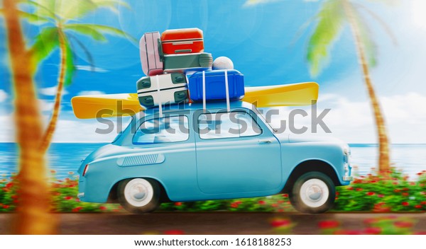 Summer\
vacation. Car travel concept. 3d\
rendering