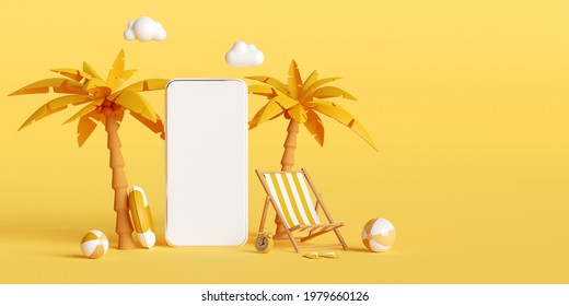 Summer Vacation Concept, Smartphone Mockup With Beach Chair And Beach Accessories, Hotel Resort Restaurant Ticket Tour Booking Reservation App On Smartphone, 3d Illustration