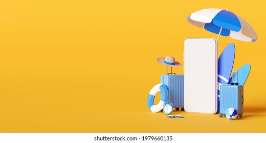 Summer Vacation Concept, Smartphone Mockup With Beach Umbrella And Travel Accessories, Hotel Resort Restaurant Ticket Tour Booking Reservation App On Smartphone, 3d Illustration