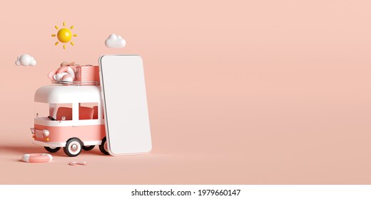 Summer Vacation Concept, Smartphone Mockup With Van Carrying Travel Accessories, Hotel Resort Restaurant Ticket Tour Booking Reservation App On Smartphone, 3d Illustration