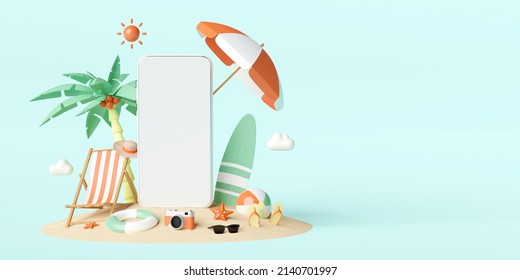 Summer Vacation Concept, Smartphone Mockup On The Beach With  Beach Accessories, Hotel Resort Restaurant Ticket Tour Booking Reservation App On Smartphone, 3d Illustration