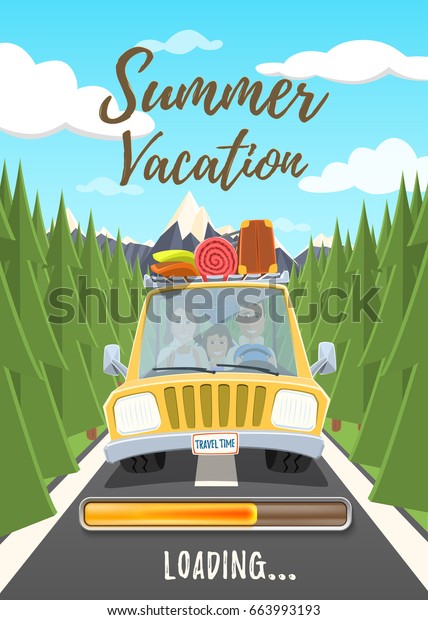 Summer vacation loading poster. Happy family\
traveling in the\
car.