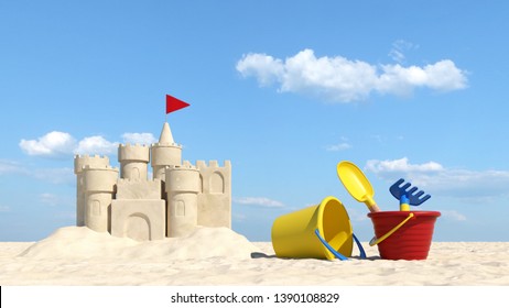 Summer vacation on the beach with sand castle and toys (3d rendering)