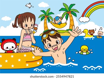 summer, summer vacation, sea, swimming in the sea, children, July, August, June, nursery school, kindergarten, elementary school, elementary school, for children, panda, animal, person, swim ring, - Powered by Shutterstock