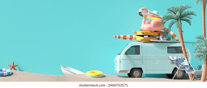 Summer vacation, travel holiday, van and beach accessories on blue  background. 3d rendering	 - Powered by Shutterstock