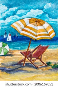 Summer vacations. Beach Chair or chaise lounge and umbrella. Ocean shore. Beautiful seascape with sailboat. Watercolor painting. Acrylic drawing art. Hand painted A piece of art.