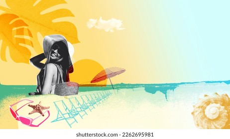 Summer vacations at the beach, vintage collage poster with beautiful young woman portrait - Powered by Shutterstock