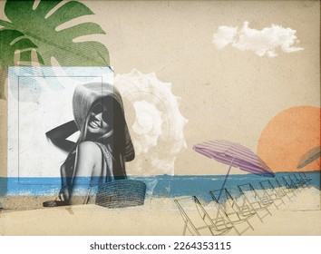 Summer vacations at the beach, vintage collage poster with beautiful young woman portrait - Powered by Shutterstock