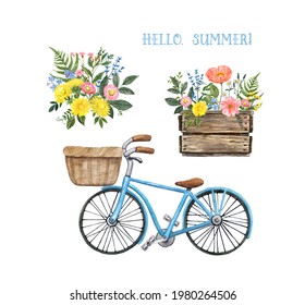 Summer vacations themed watercolor set. Colorful bouquet of wildflowers, blue bicycle with basket, wooden box planter with flowers,isolated on white background. Garden illustration.