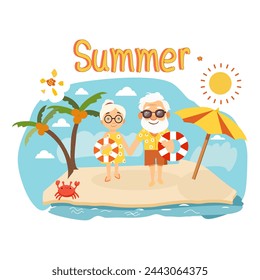 Summer vector illustration with elderly couple on the beach. Vector illustration. - Powered by Shutterstock