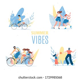 Summer Vibes Set with Resting Happy Family Members. Cartoon Parents and Children Having Fun, Playing Ball, Cycling Together or Along. Flat Illustration. Healthy Outdoors Activities - Powered by Shutterstock