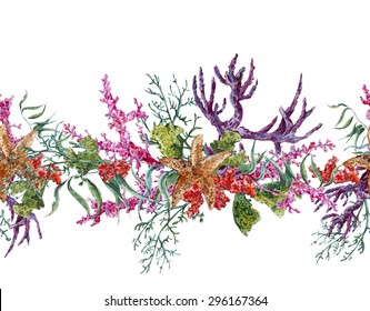 Summer Vintage Watercolor Sea Life Seamless Border With Seaweed Starfish And Coral, Underwater Watercolor Illustration.