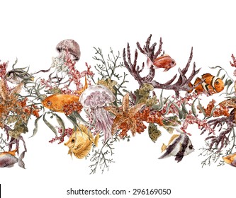 Summer Vintage Watercolor Sea Life Seamless Border With Seaweed Starfish Coral Algae, Jellyfish And Fish, Underwater Watercolor Illustration.