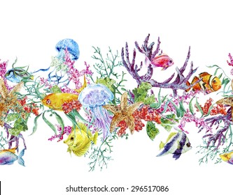 Summer Vintage Watercolor Sea Life Seamless Border With Seaweed Starfish Coral Algae, Jellyfish And Fish, Underwater Watercolor Illustration.