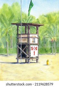 Summer Watercolor Beach. 
Hand Made Tropical Landscape.