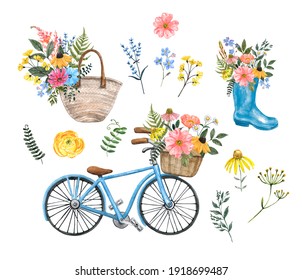 Summer watercolor illustrations set. Colorful wildflowers, herbs, vintage blue bicycle with basket, rain boot with floral bouquet, isolated on white background. Shabby chic country style painting.