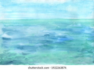  Summer, Watercolor Landscape, Shore, Waves, Beach, Blue Water.